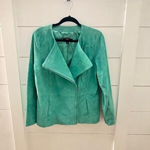 DENNIS BASSO Teal 100% Leather woman moto style quiet luxury lined jacket NWOT M